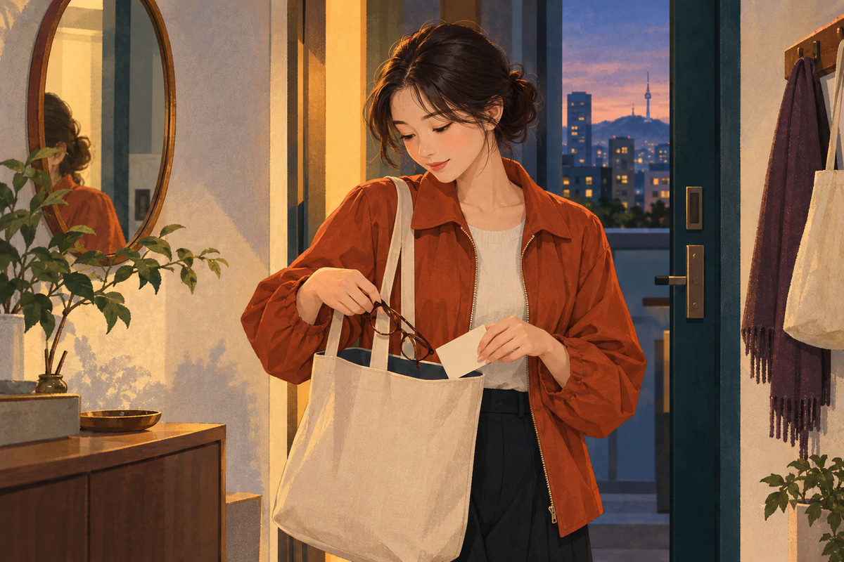 퇴근 후 안경원에 들르기 전 안경과 메모를 가방에 넣는 여성 일러스트