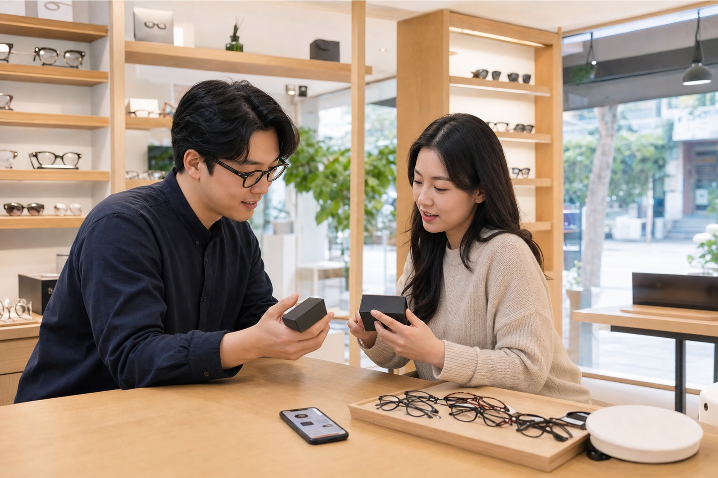 블랙 원데이 렌즈를 고르기 전 렌즈포유 매장에서 상담받는 모습