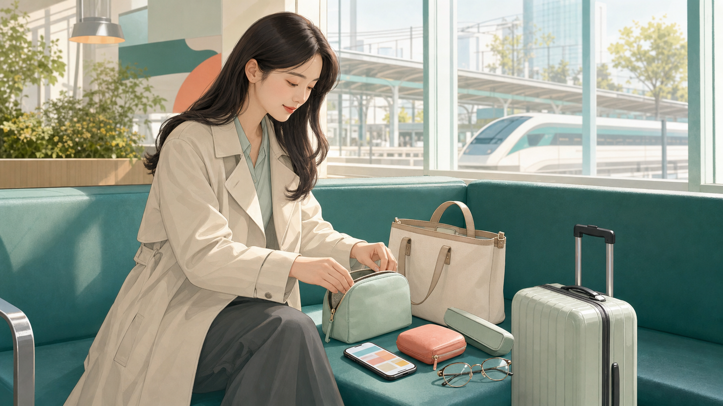 출장 전 렌즈 여분과 안경 케이스를 가방에 준비하는 직장인 일러스트