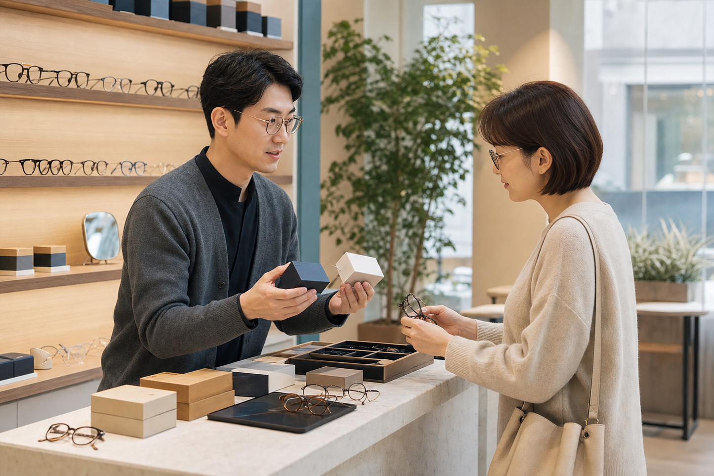 바이올렛과 블루 컬러렌즈를 렌즈포유 매장에서 상담하며 비교하는 모습
