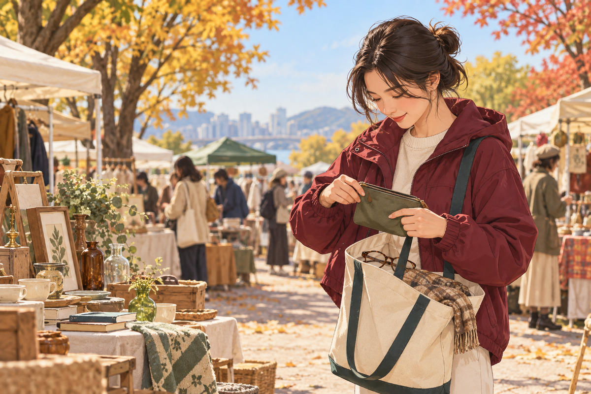 주말 장터에서 작은 파우치와 가방을 살펴보는 여성 일러스트