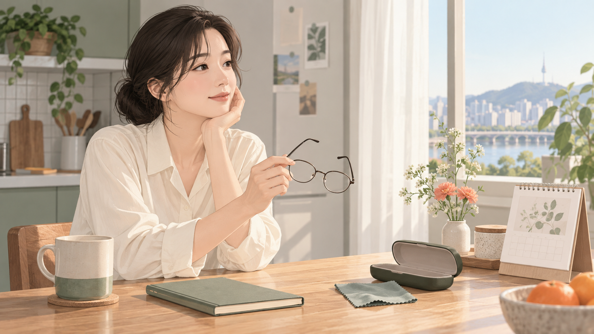 아침 식탁에서 매일 쓸 안경테 선택을 생각해 보는 모습