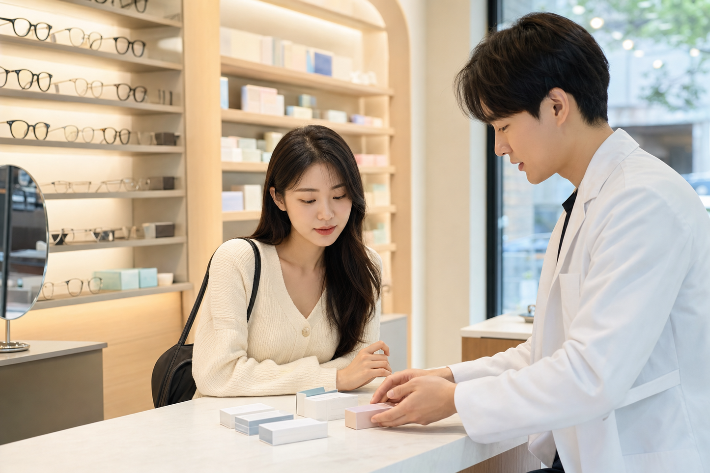신대방삼거리역 근처 렌즈포유에서 자연스러운 원데이 컬러렌즈를 상담하는 모습