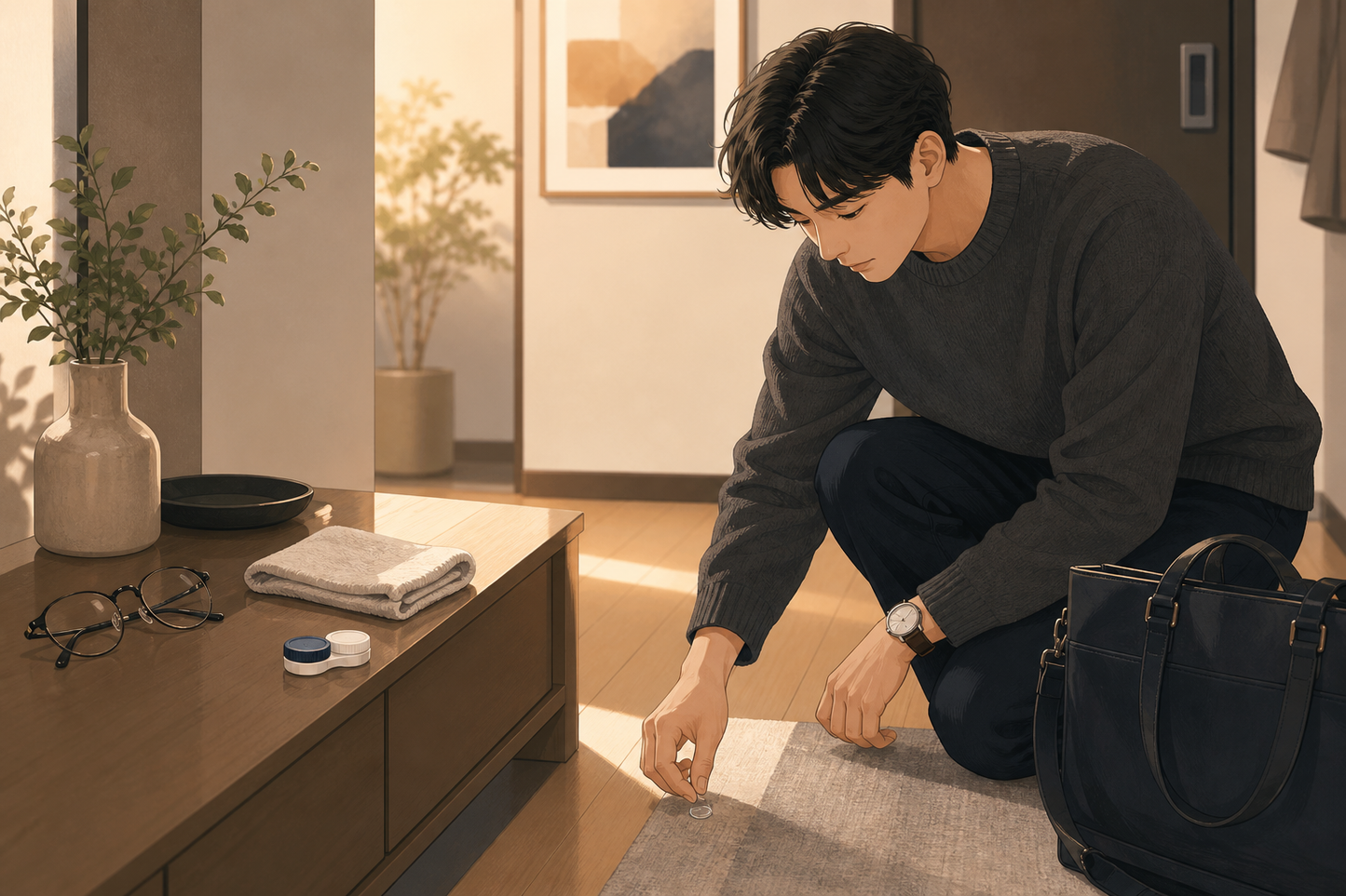 집에서 렌즈를 떨어뜨린 뒤 바로 다시 착용할지 고민하는 장면