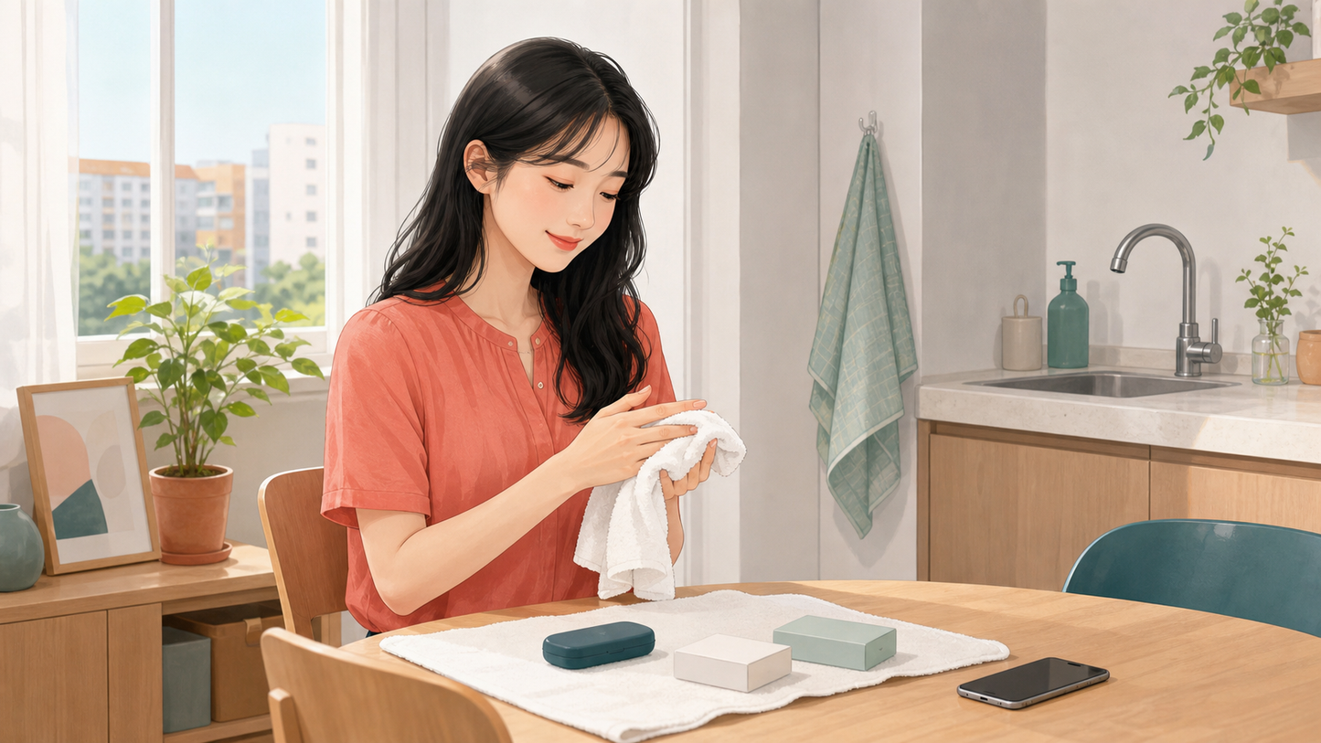 렌즈를 만지기 전 깨끗한 수건으로 손을 말리는 생활 장면 일러스트