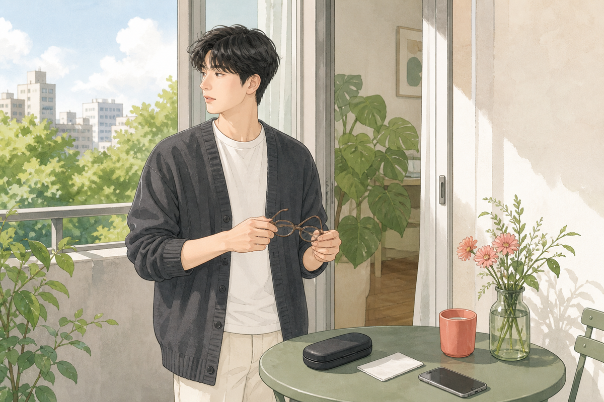 바람이 부는 날 렌즈가 까끌하게 느껴져 안경을 들고 잠시 쉬는 생활 장면 일러스트