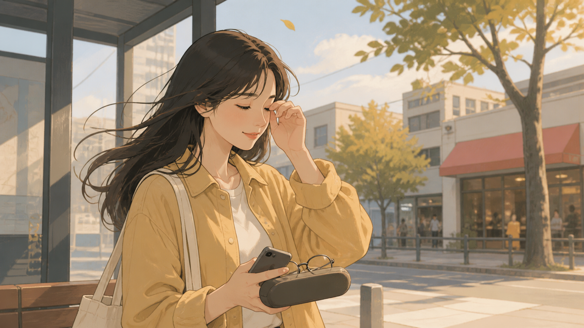 바람 부는 퇴근길에 렌즈를 낀 눈을 비빈 뒤 안경 케이스를 들고 잠시 상태를 살피는 장면 일러스트