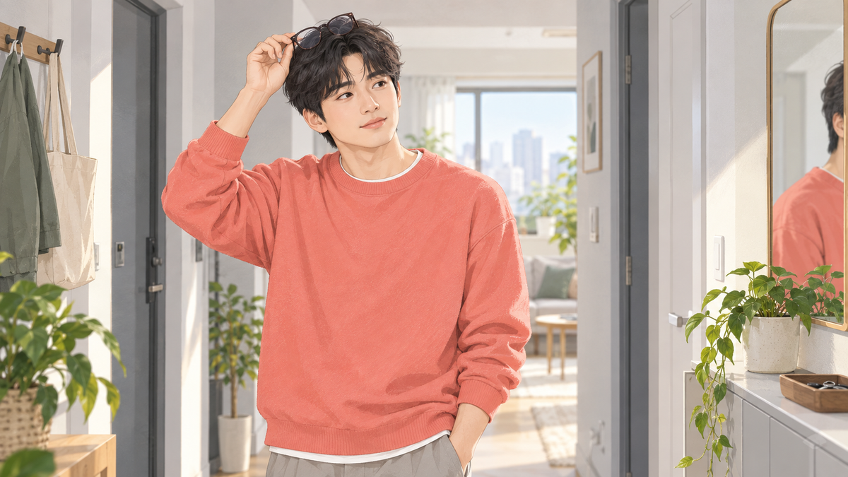 집 현관에서 안경을 머리 위에 올려둘지 망설이는 생활 장면