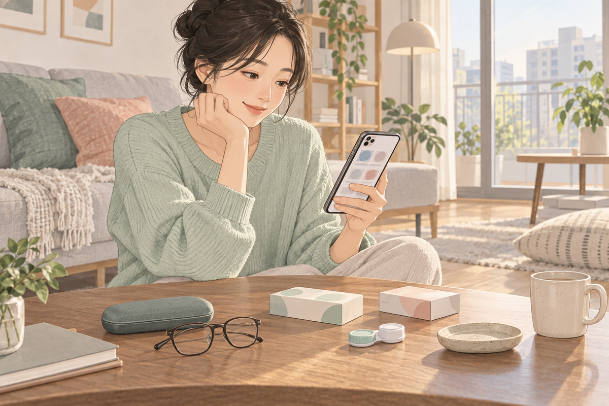 렌즈를 처음 쓰기 전 집에서 안경과 일정을 함께 살펴보는 생활 장면