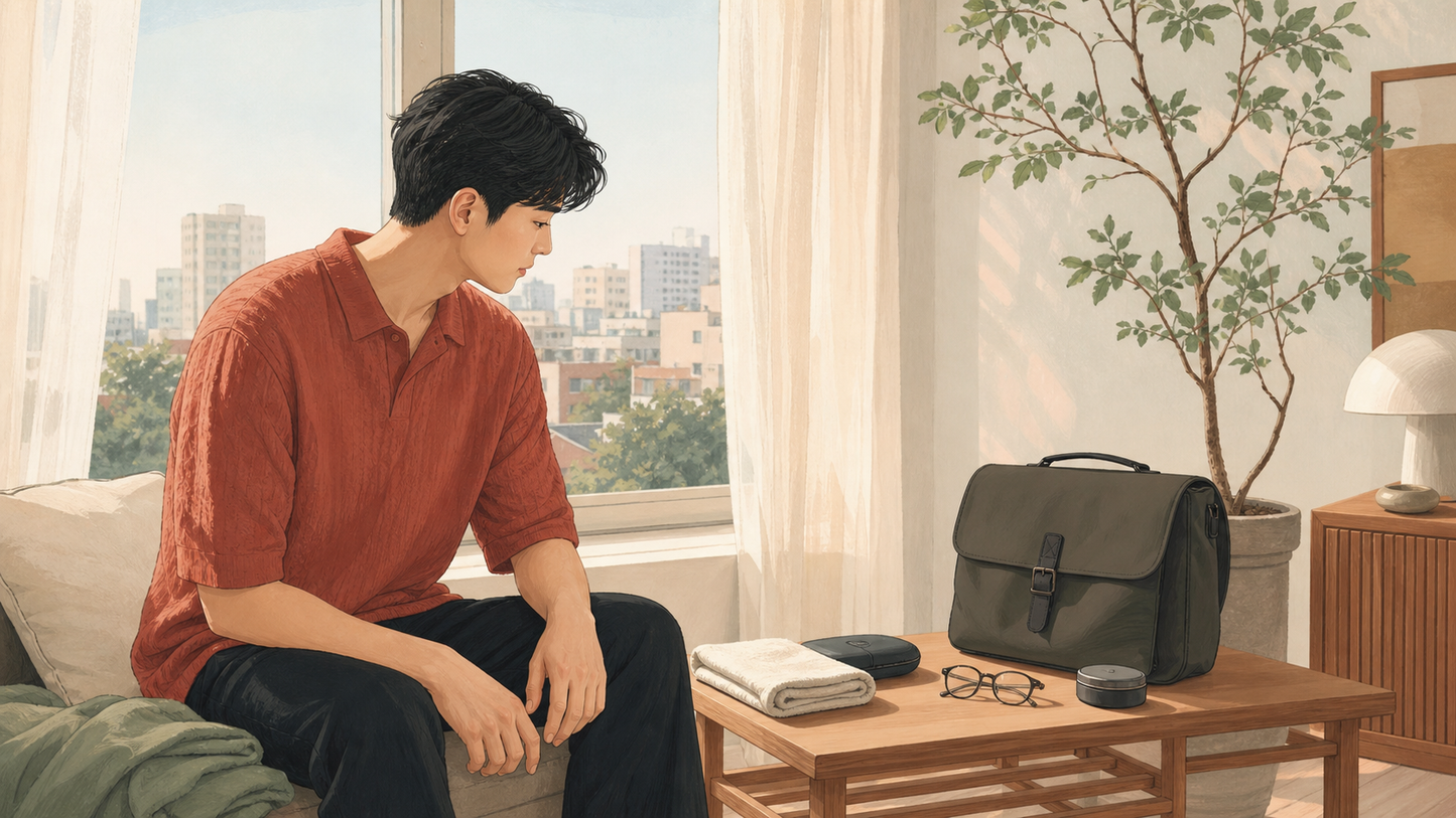 집에서 렌즈 착용 전 안경과 렌즈 케이스를 차분히 확인하는 아침 장면