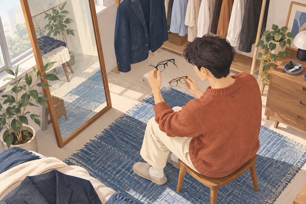 옷장과 현재 옷차림을 보며 안경테 색을 고르는 남성 일러스트