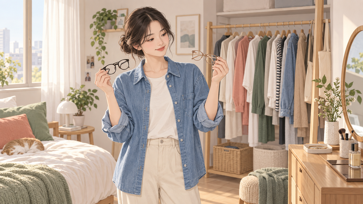집 옷장 앞에서 검정과 브라운 안경테를 비교해 보는 아침 장면