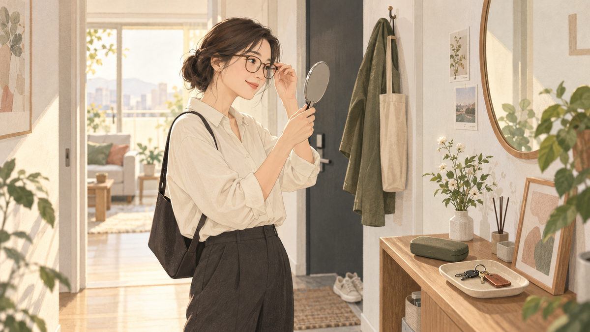 집 현관에서 안경 코받침과 기울어짐을 거울로 살펴보는 모습