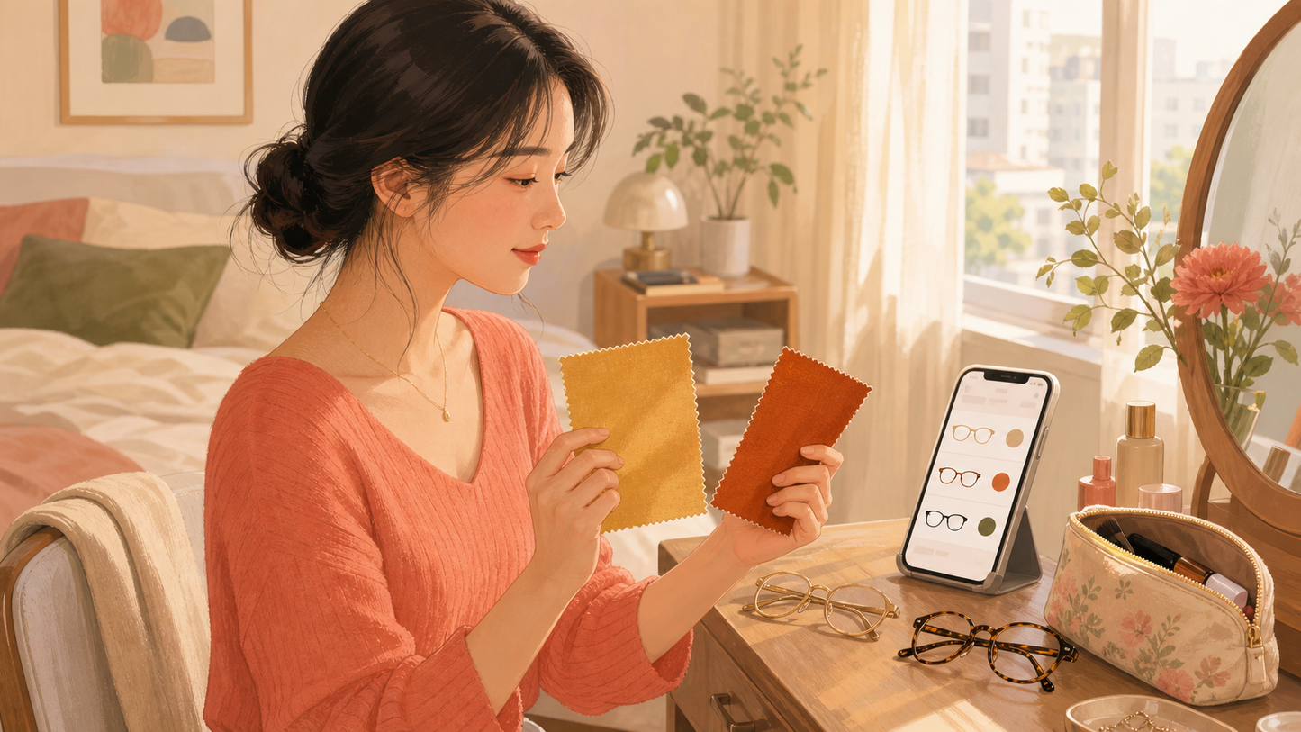 골드와 오렌지 계열 컬러렌즈를 고르기 전 메이크업과 안경을 함께 비교하는 모습