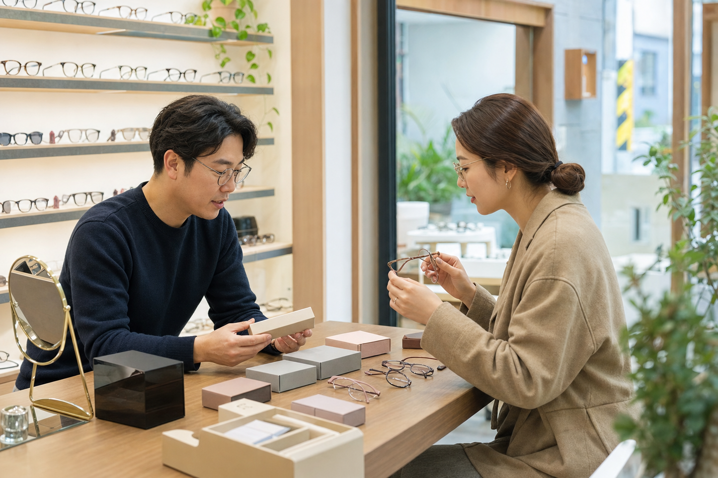 그레이 컬러렌즈를 자연스럽게 고르기 위해 매장에서 상담받는 모습