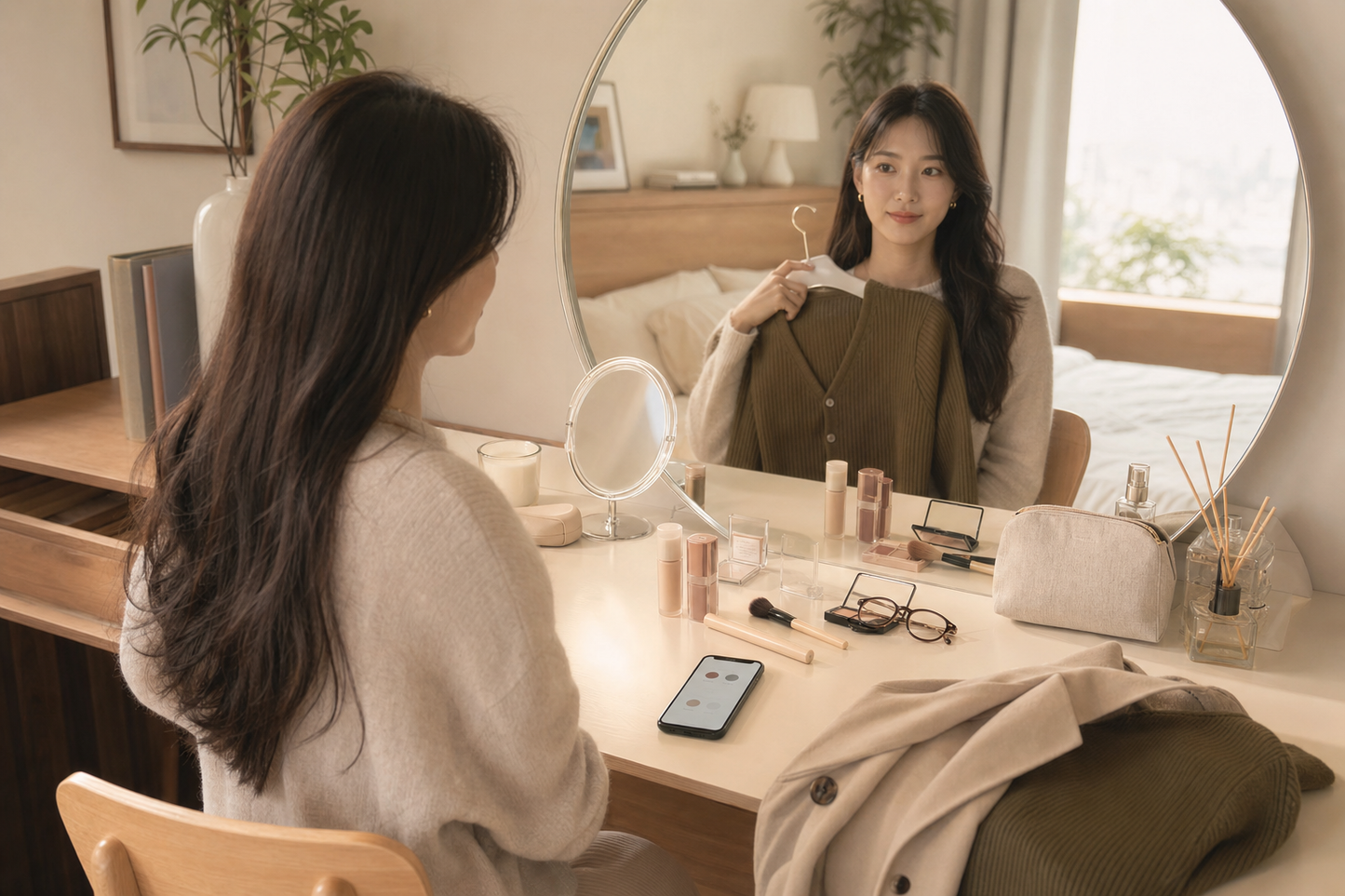 헤이즐 컬러렌즈를 고르기 전 옷과 메이크업 톤을 비교하는 아침 준비 장면