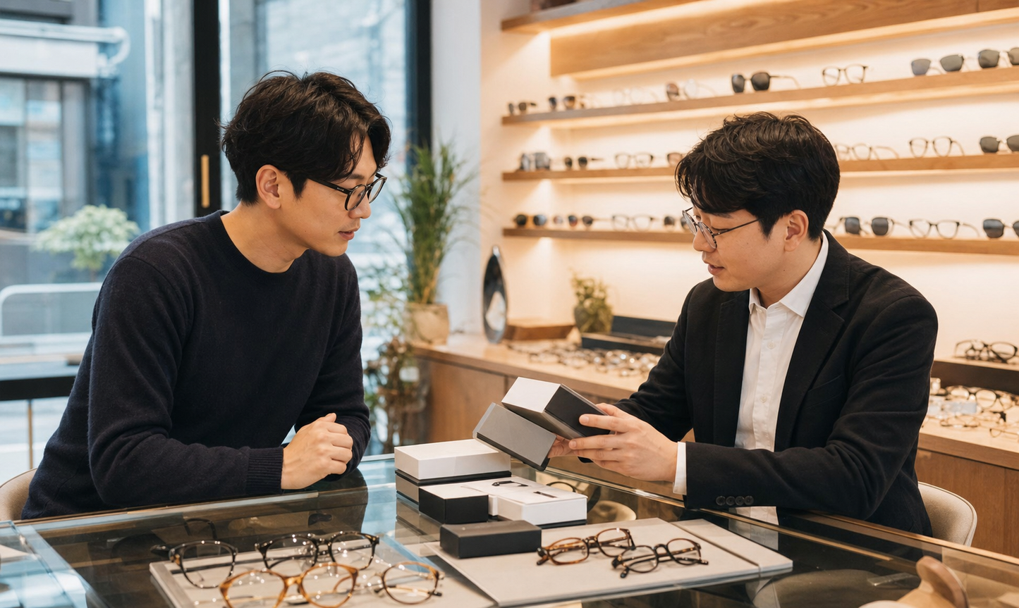 고도근시 원데이 렌즈를 렌즈포유 매장에서 상담하며 비교하는 모습