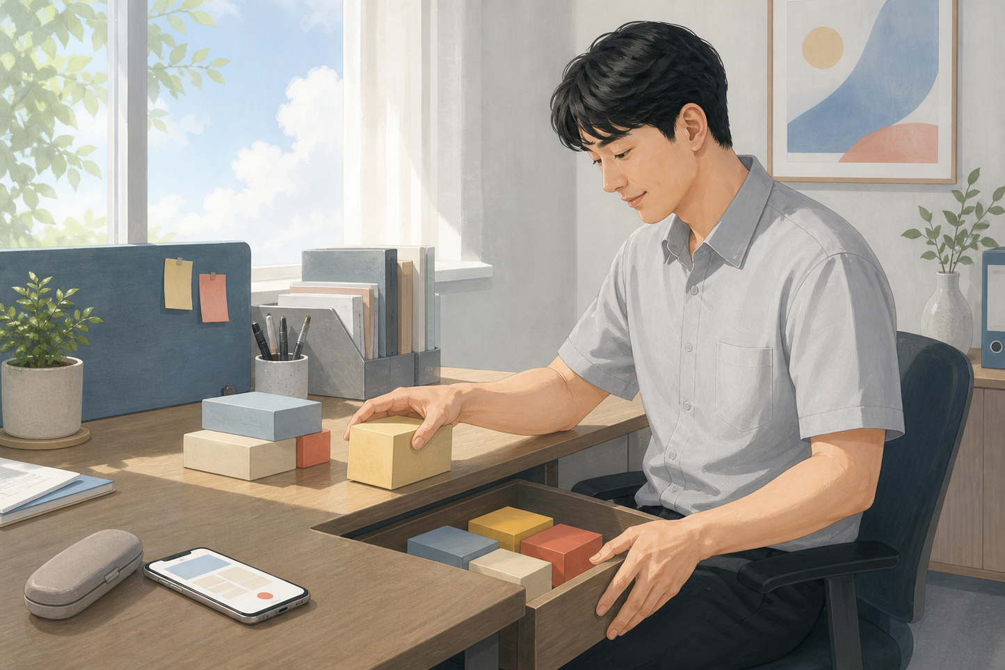 여름 오후 사무실에서 렌즈와 안경 케이스를 햇빛이 닿지 않는 서랍에 보관하는 모습