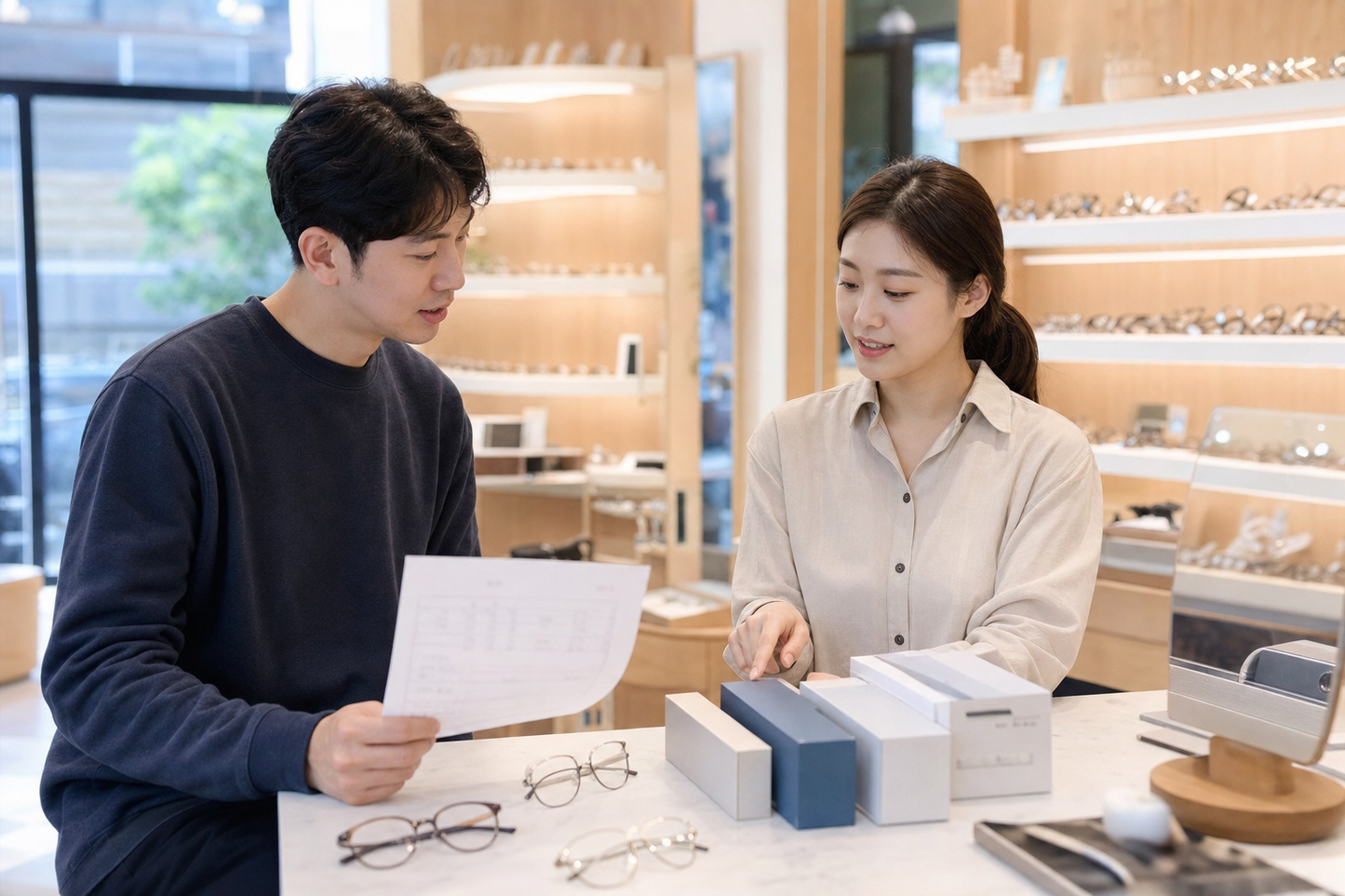 플러스 도수 렌즈를 매장에서 상담하며 비교하는 모습