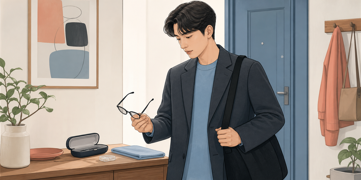 외출 전 눈이 불편해 렌즈 대신 안경을 고르는 모습
