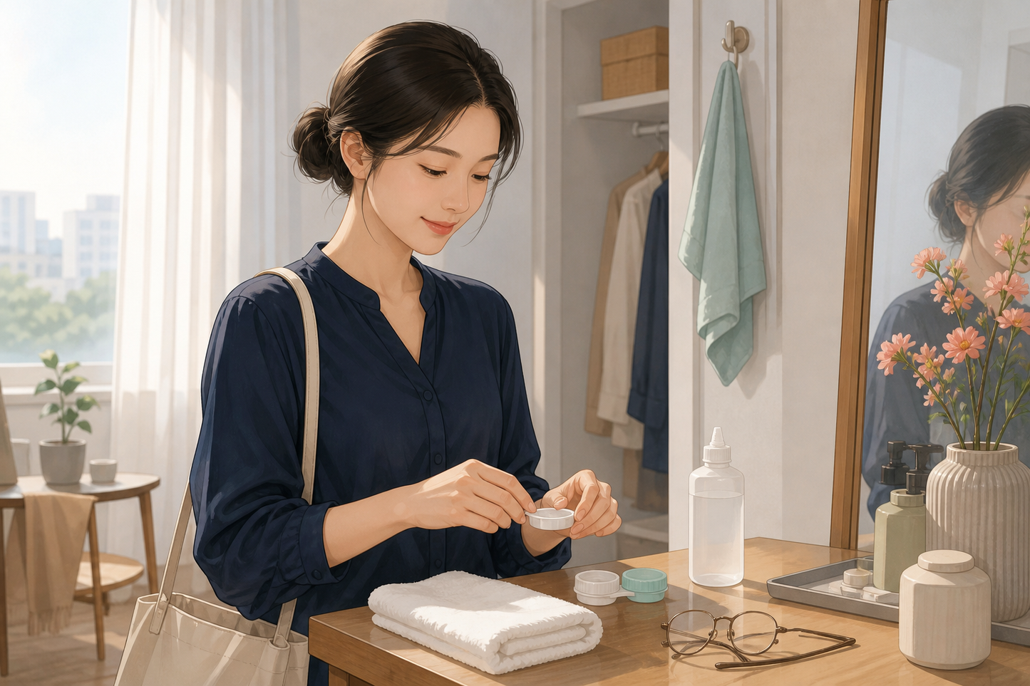아침 화장대에서 깨끗한 렌즈 케이스와 안경을 챙기는 모습