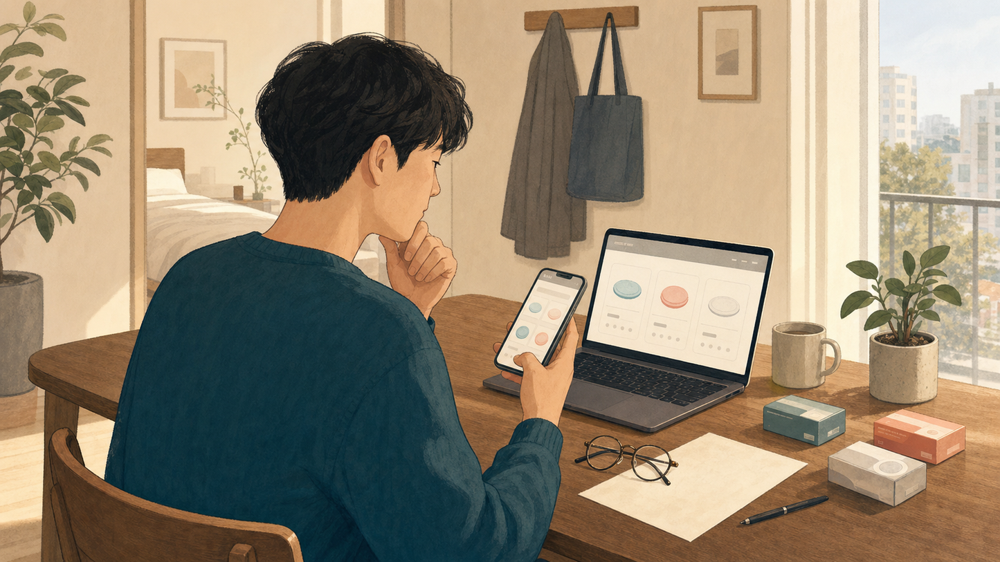 렌즈 스펙표를 보고 내 도수와 착용 조건을 차분히 확인하는 생활 장면