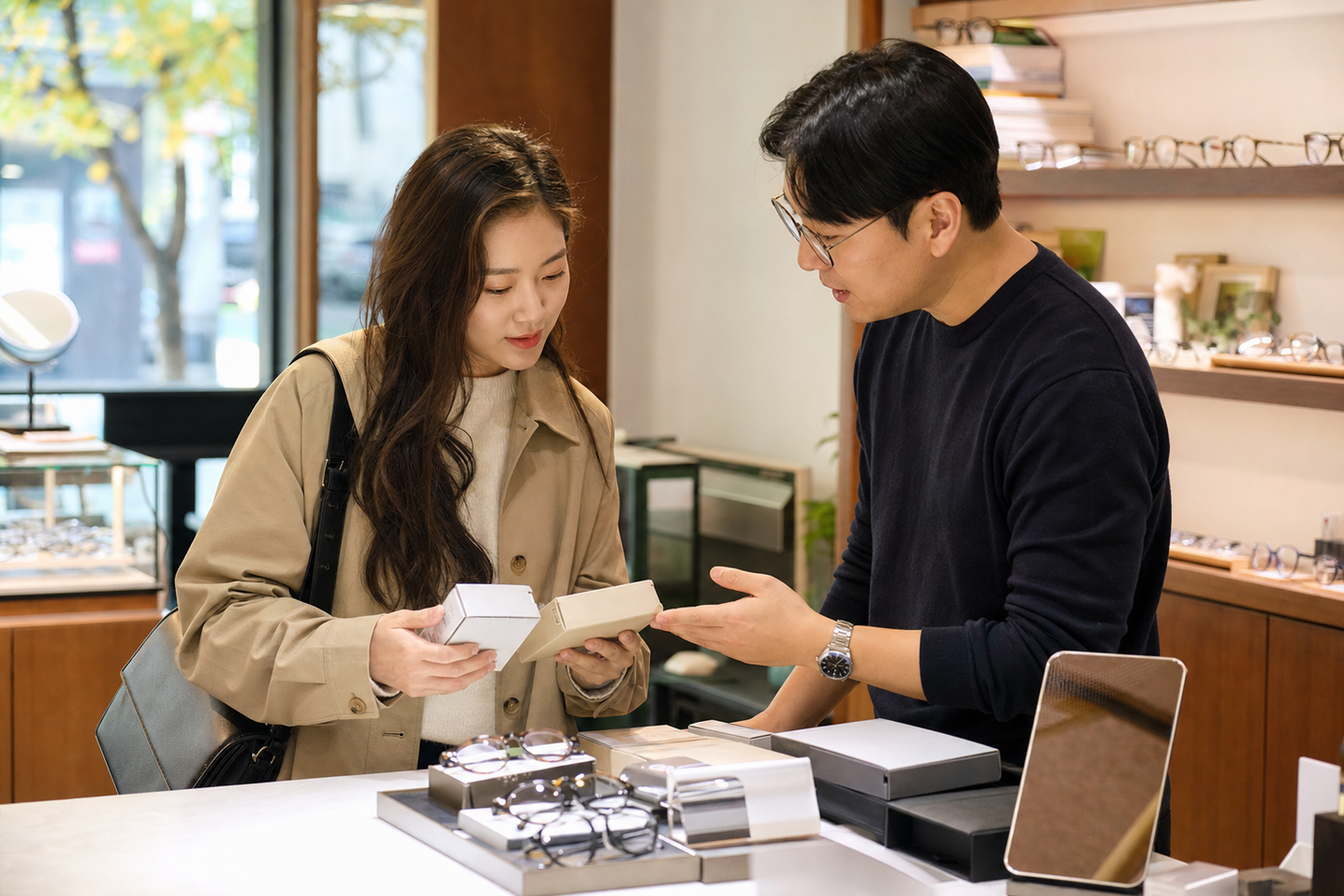 난시 컬러렌즈를 매장에서 상담하며 고르는 모습