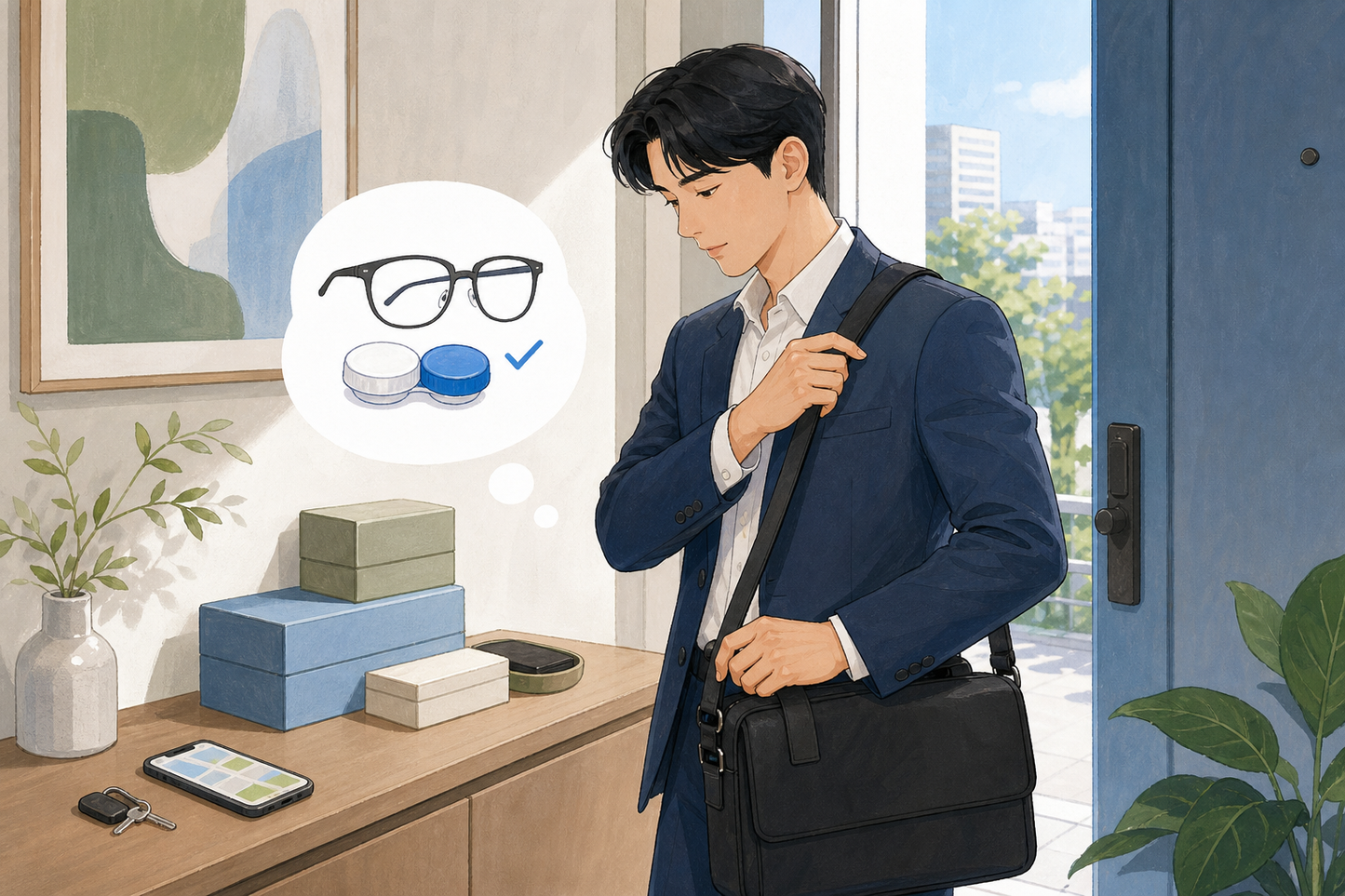 출근 전 안경과 렌즈를 한 번에 준비하려는 생활 장면