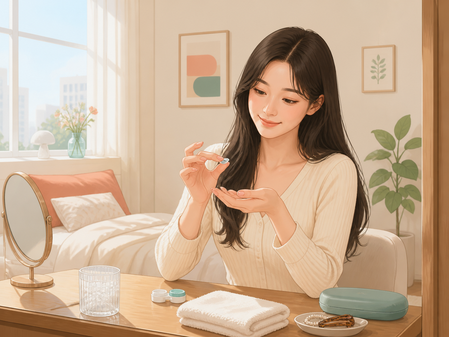 손톱이 긴 날 거울 앞에서 렌즈를 만지기 전 손끝 사용을 확인하는 생활 장면 일러스트