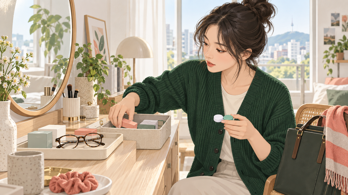 집에서 한쪽 렌즈를 다시 준비해야 할지 확인하는 아침 생활 장면