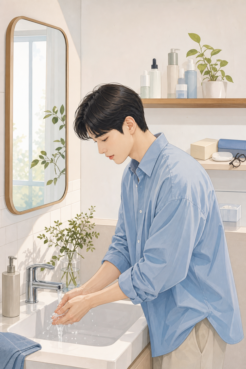 화장 전 손을 씻고 렌즈 준비 순서를 차분히 확인하는 욕실 장면