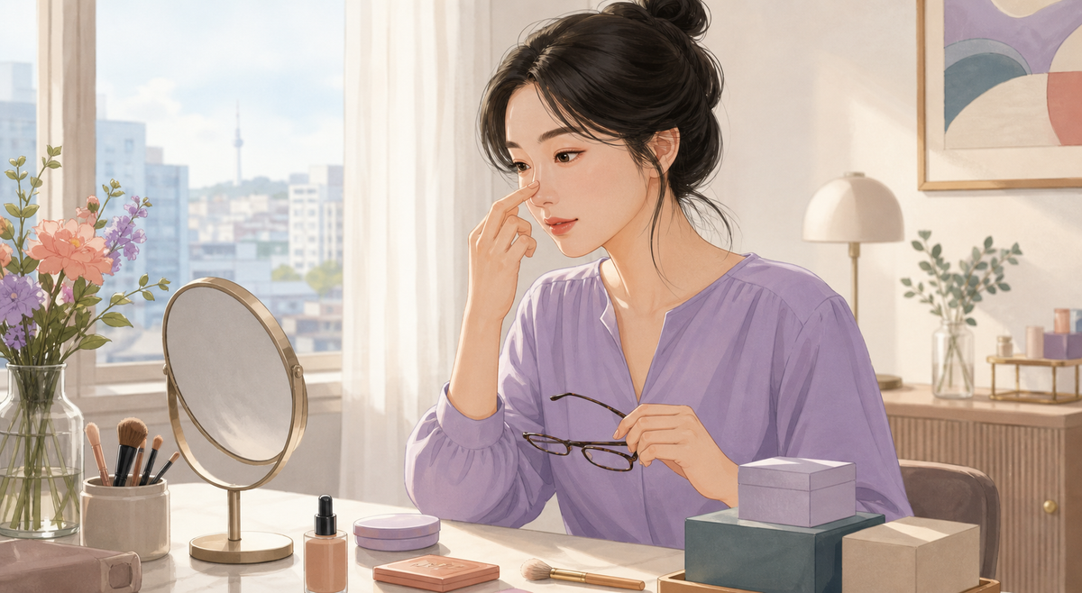 화장한 날 안경을 벗고 콧등 자국을 확인하는 아침 화장대 장면