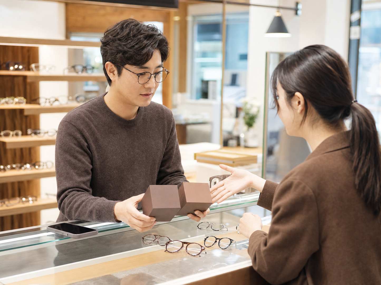 한달용 컬러렌즈 브라운과 초코 색감을 매장에서 비교하는 상담 장면