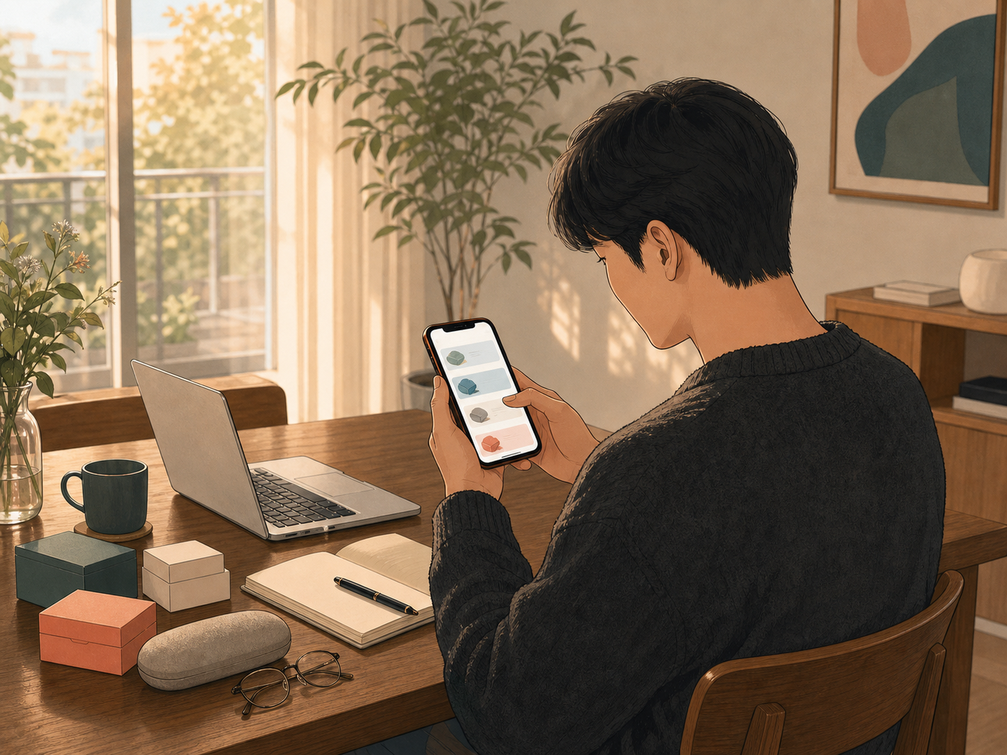 한달용 렌즈 가격을 비교하기 전 집에서 상품 페이지와 안경을 함께 살펴보는 생활 일러스트