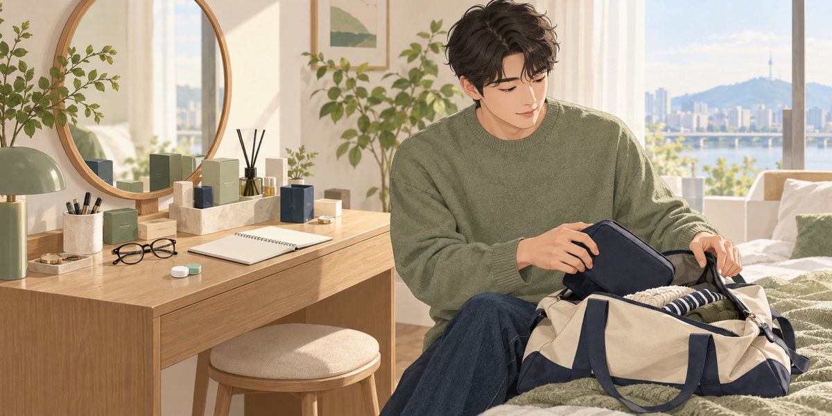 주말 아침 한달용 렌즈 사용 주기를 생각하며 가방을 챙기는 생활 장면