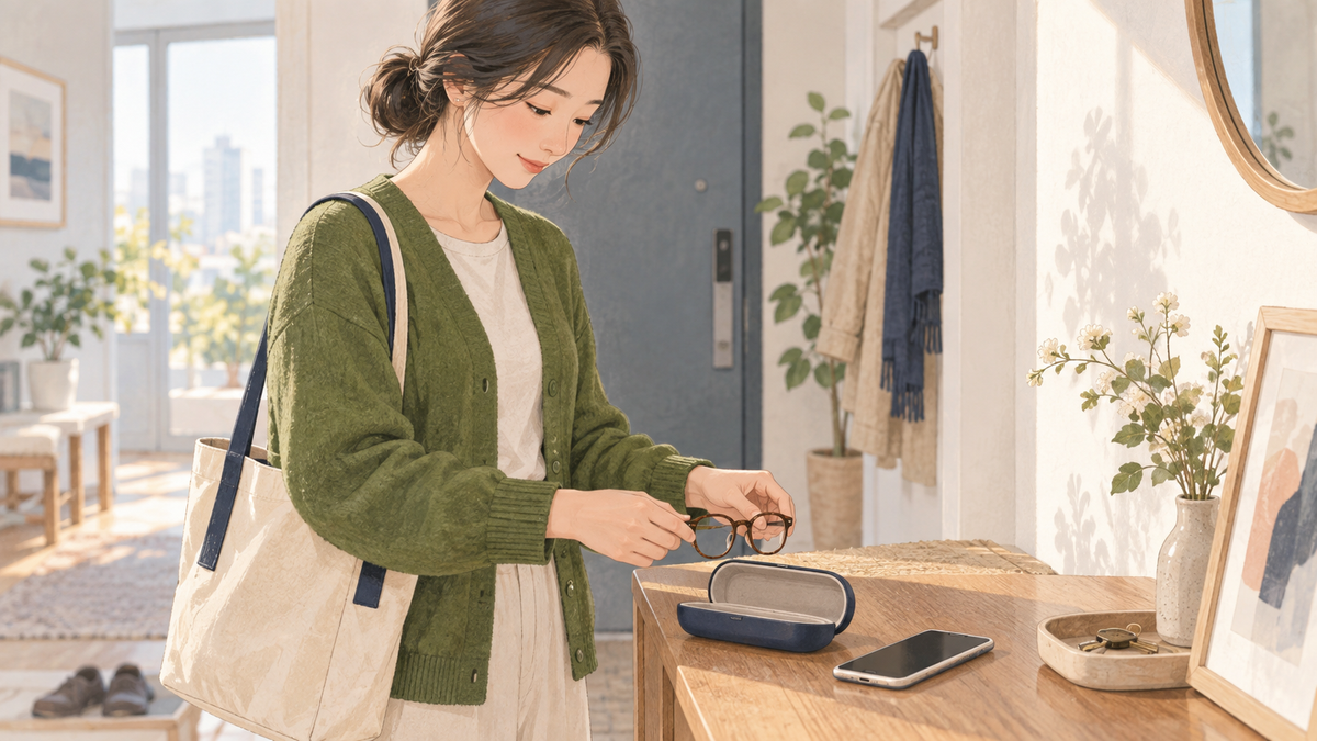 집 현관에서 새 안경을 맞추러 가기 전 기존 안경을 챙기는 모습