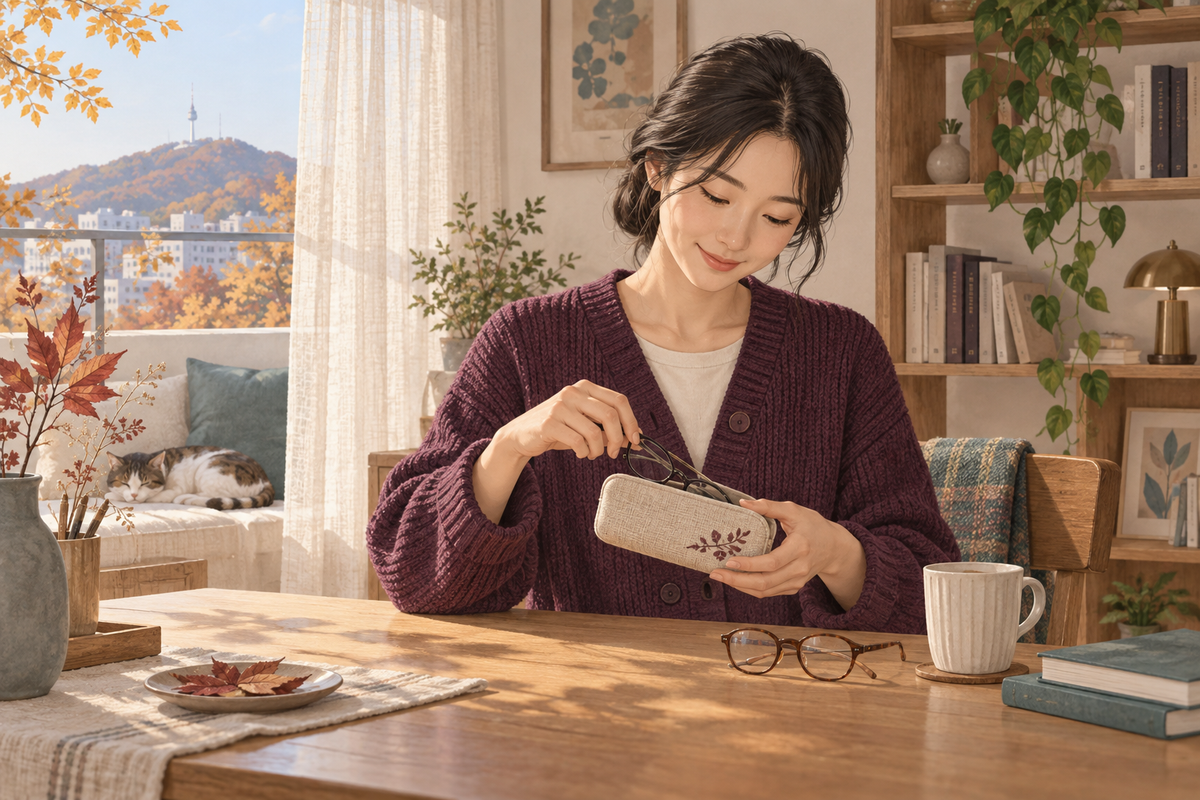새 안경을 맞춘 뒤 기존 안경을 케이스에 정리하는 가을 아침 생활 장면