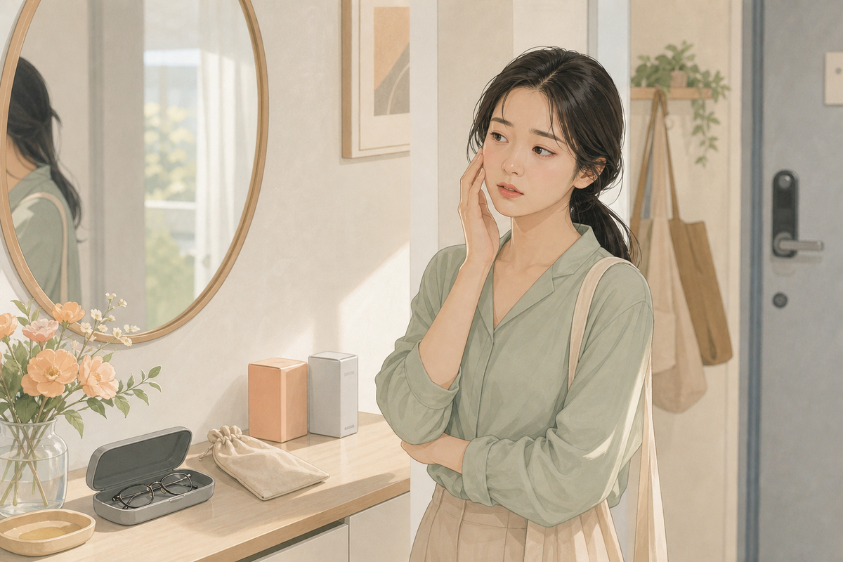한쪽 눈만 렌즈가 불편할 때 잠시 멈춰 상태를 살피는 생활 장면 일러스트