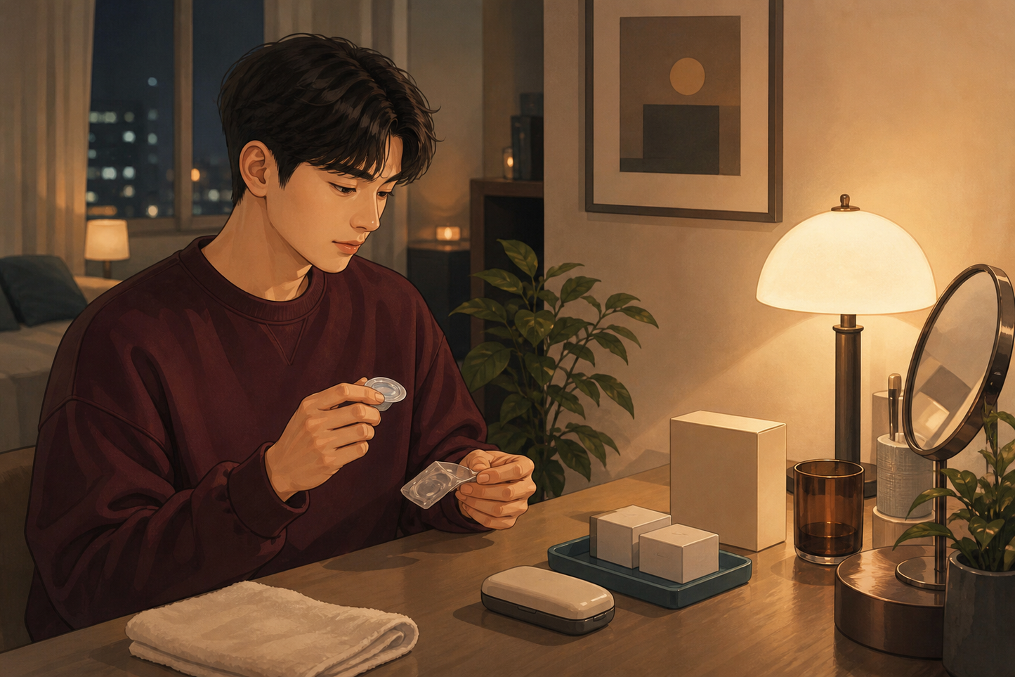 저녁 집에서 원데이 렌즈를 다음날 다시 쓸지 고민하며 새 팩을 정리하는 장면