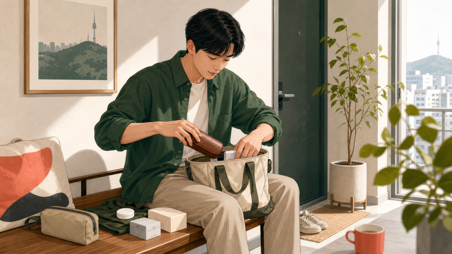 외출 전 가방에 안경 케이스와 작은 파우치를 챙기는 장면