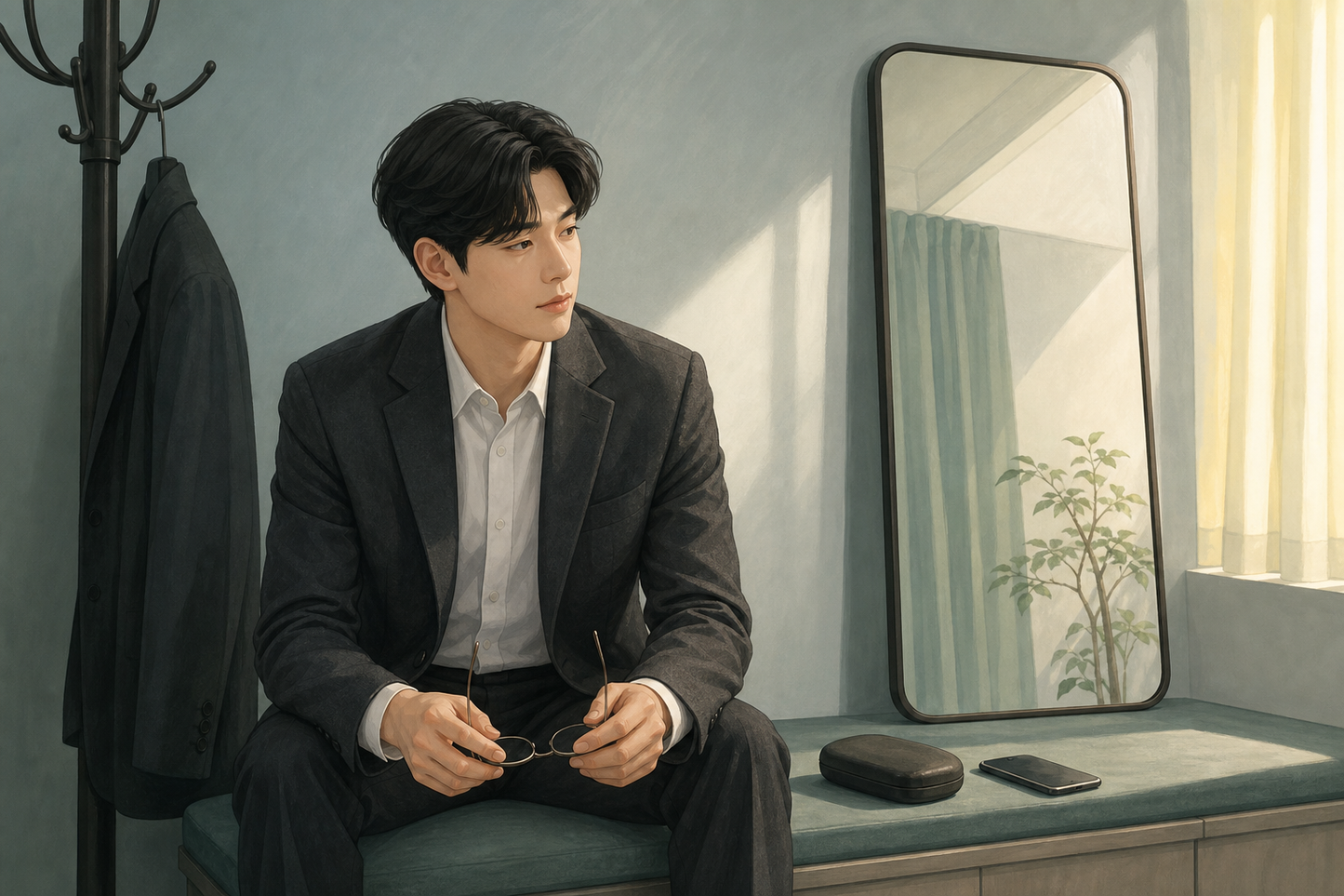 사진 촬영 전 안경과 투명 렌즈 준비를 고민하는 모습