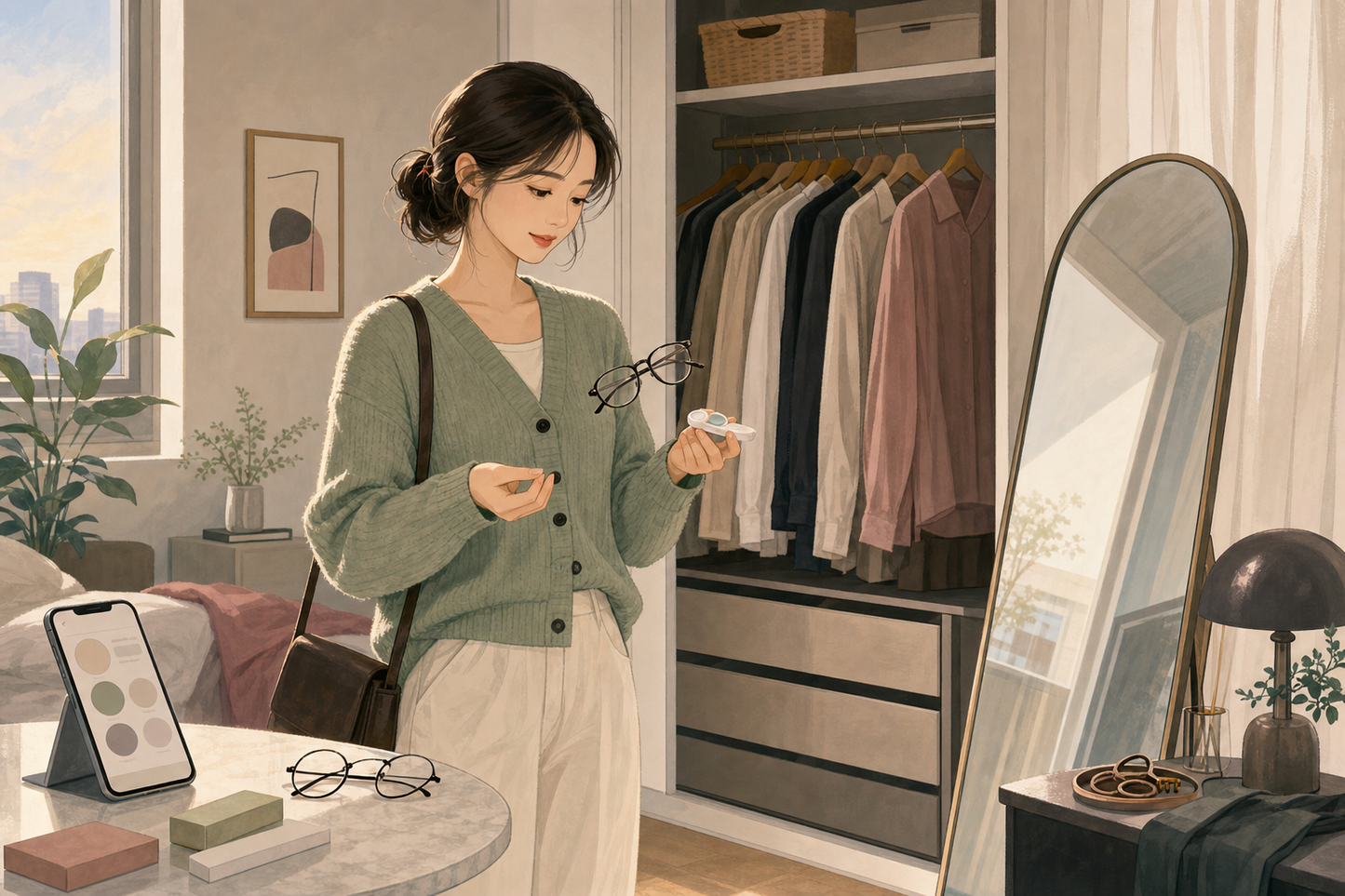도수 있는 컬러렌즈를 고르기 전 옷차림과 안경을 함께 비교하는 생활 일러스트