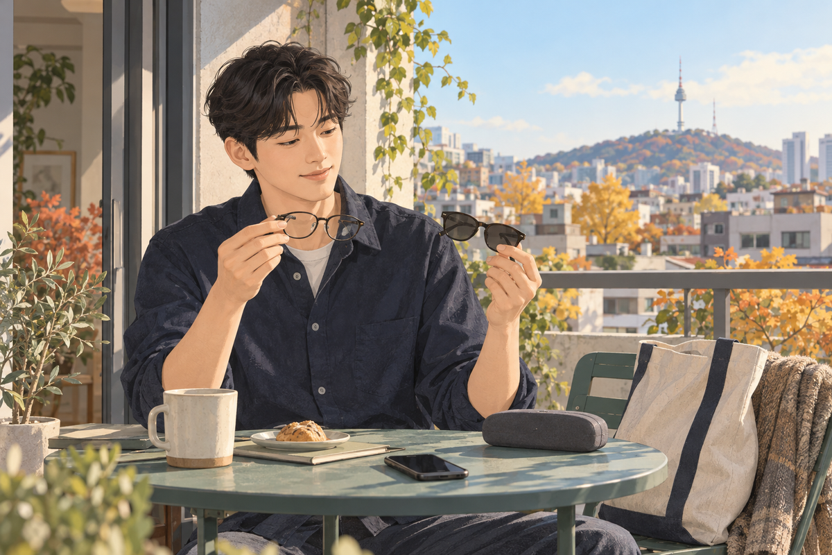 도수 선글라스를 맞추기 전 기존 안경과 선글라스를 함께 살펴보는 생활 장면