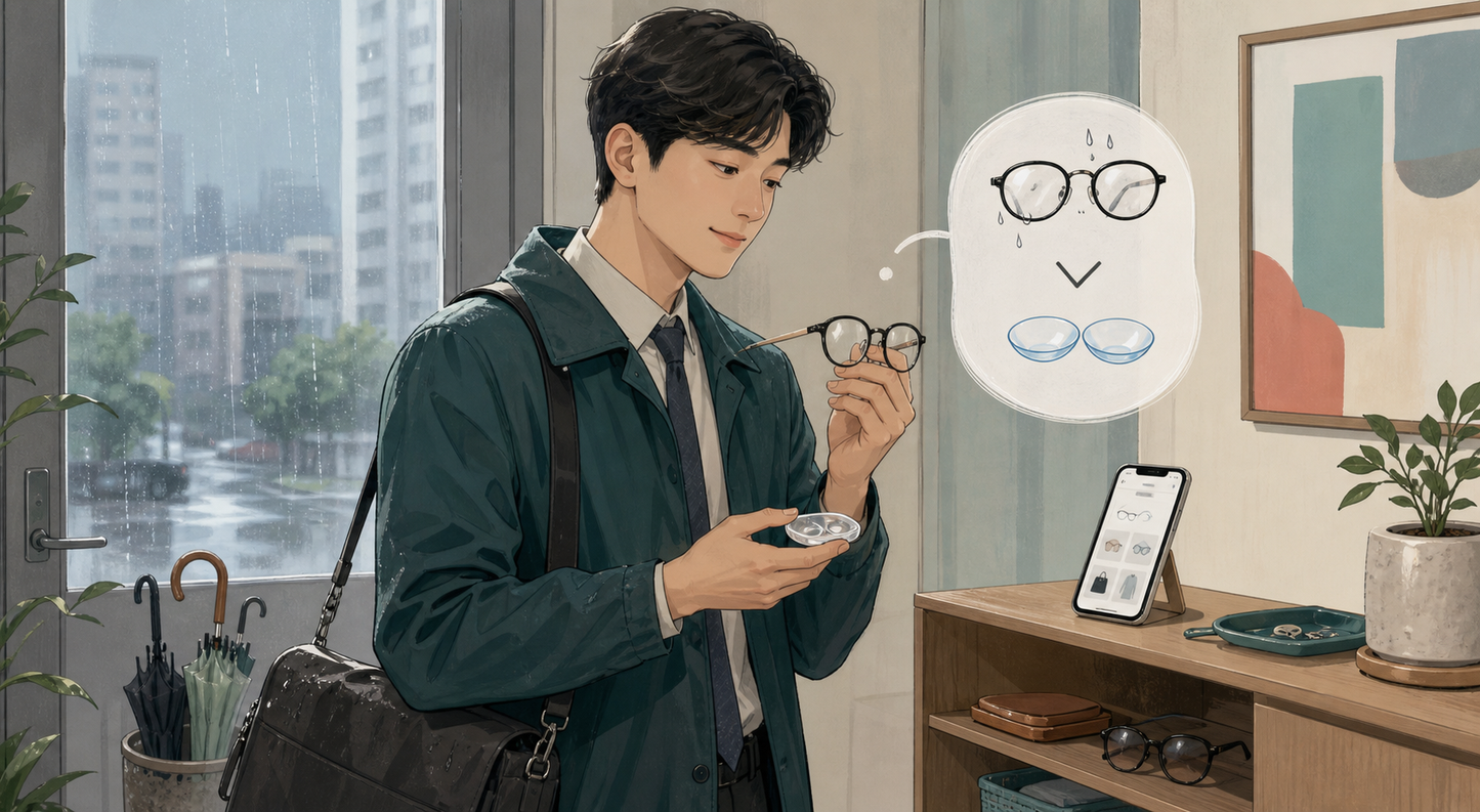 비 오는 출근길 안경 김서림 대신 원데이 렌즈를 준비하는 생활 장면