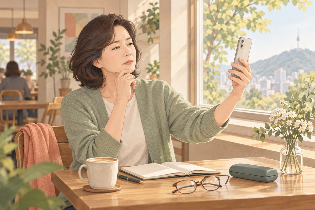 카페에서 휴대폰 글씨를 조금 멀리 두고 보는 생활 장면