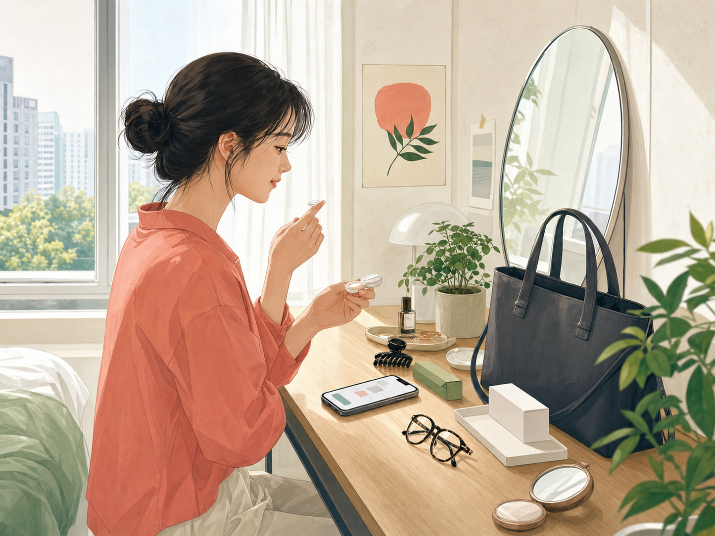 오랜만에 렌즈를 다시 쓰기 전 화장대에서 안경과 렌즈 준비물을 살펴보는 모습