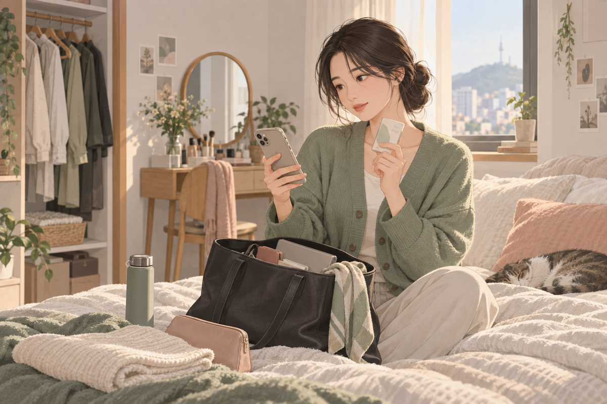 아침에 가방을 챙기며 예전에 쓰던 렌즈 정보를 확인하는 생활 장면