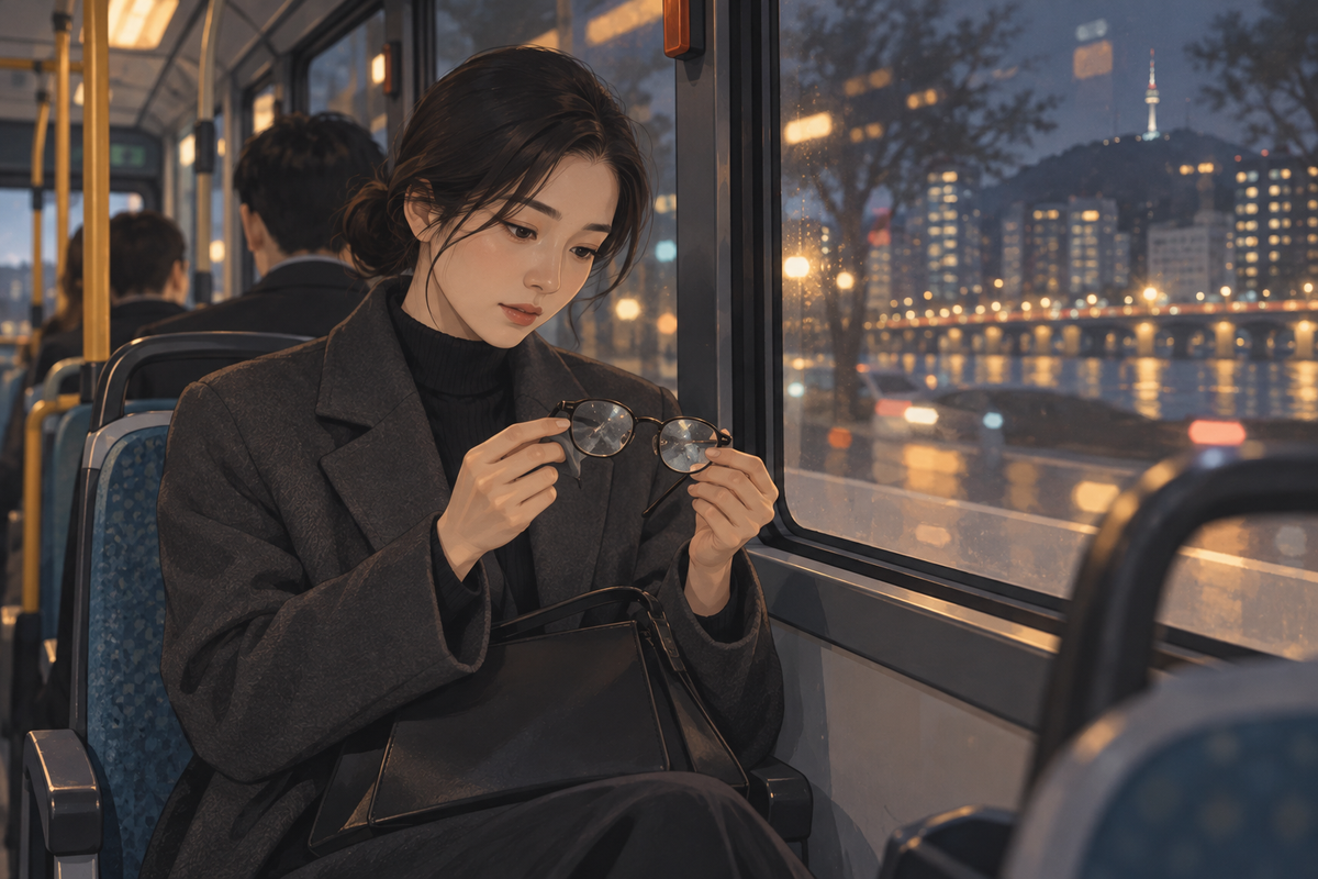 저녁 버스 안에서 안경 렌즈의 잔기스와 빛 번짐을 살펴보는 모습
