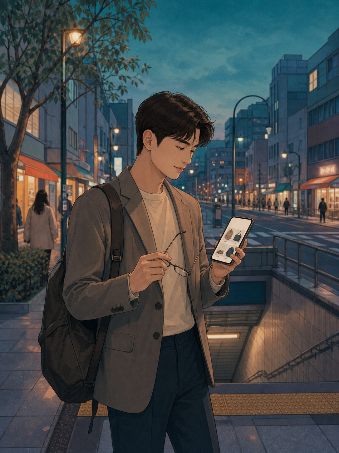 난시 렌즈를 준비하기 전 퇴근길에 도수 상담과 가격을 확인하는 생활 장면