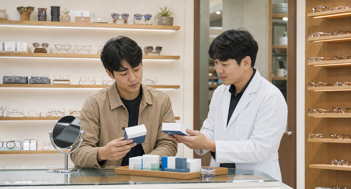 2주용과 한달용 렌즈를 렌즈포유 매장에서 상담하며 비교하는 모습